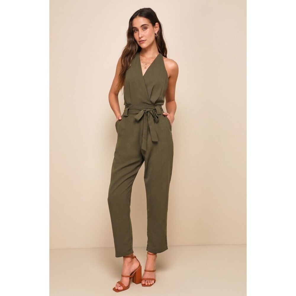 Lulus In The City Olive Green Surplice Sleeveless Jumpsuit - Size S